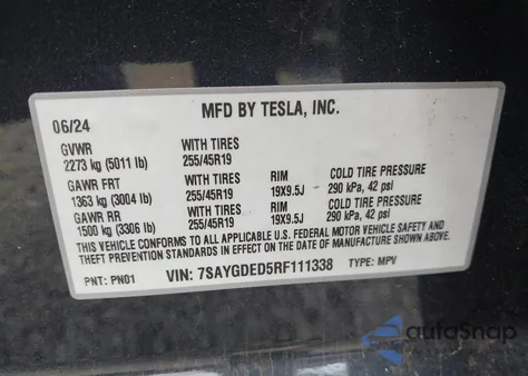 2024 Tesla Model Y из США, поврежденный, VIN 7SAYGDED5RF111338